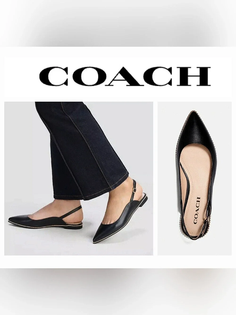 Coach Black Leather Vae Skimmer Studded Slingback Flats Sz 8 - Picture 1 of 14